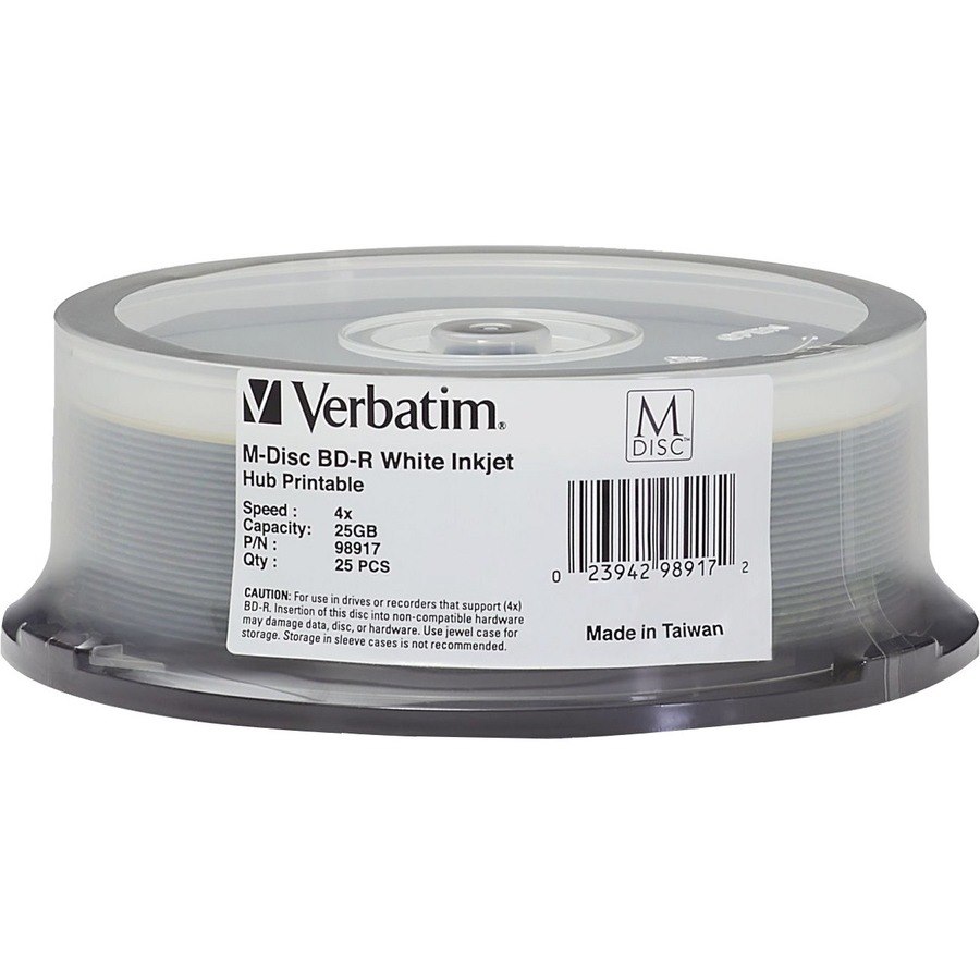 Verbatim M-Disc BD-R 25GB 4X White Inkjet Printable, Hub Printable - 25pk Spindle