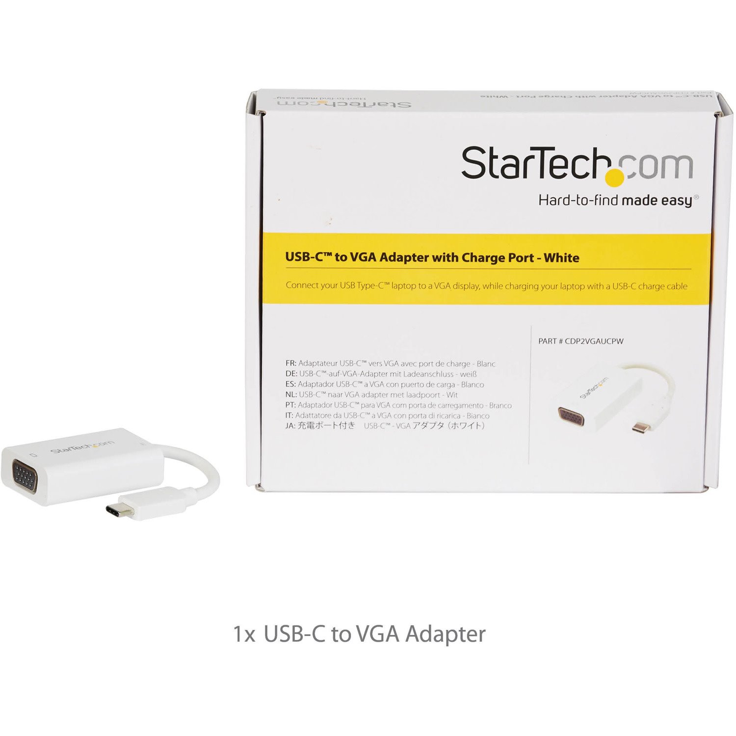 StarTech.com USB C to VGA Adapter with 60W Power Delivery Pass-Through - 1080p USB Type-C to VGA Video Converter w/ Charging - White