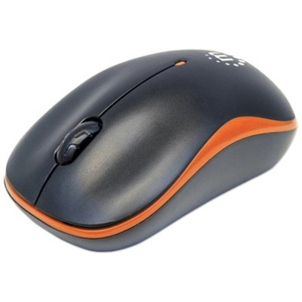 Manhattan Success Wireless Mouse, Black/Orange, 1000dpi, 2.4Ghz (up to 10m), USB, Optical, Three Button with Scroll Wheel, USB micro receiver, AA battery (included), Low friction base, Three Year Warranty, Blister