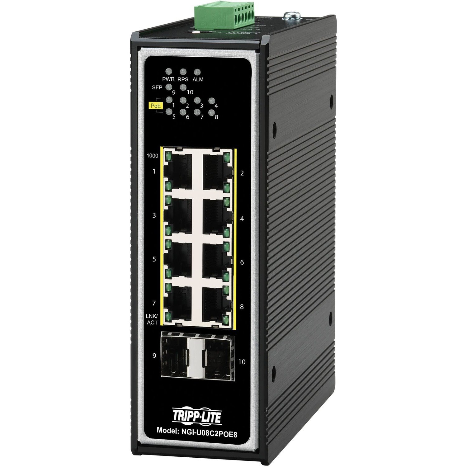 Eaton Tripp Lite Series 8-Port Unmanaged Industrial Gigabit Ethernet Switch - 10/100/1000 Mbps, PoE+ 30W, 2 GbE SFP Slots, -40&deg; to 75&deg;C, DIN Mount, TAA
