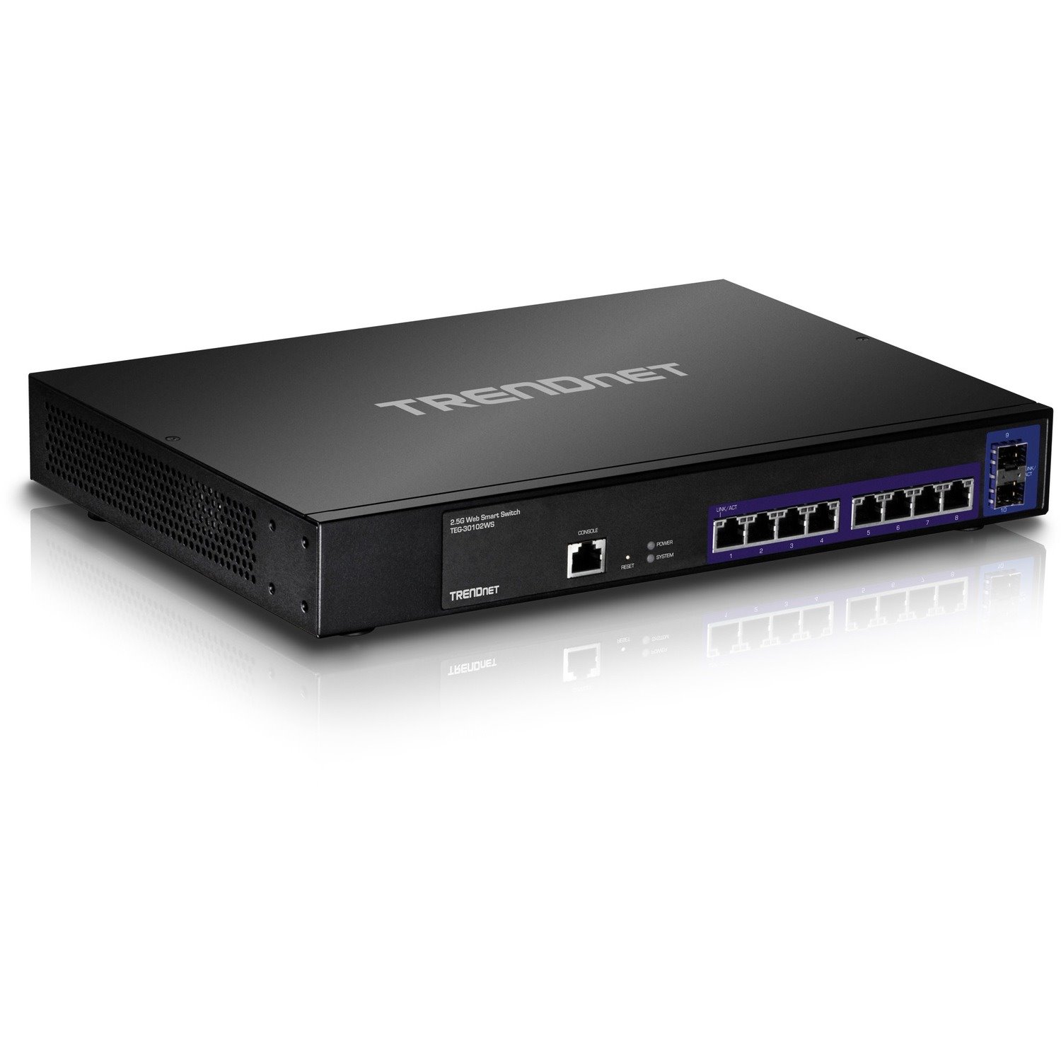 TRENDnet 10-Port 2.5GBASE-T Web Smart Switch; 8 x 2.5GBASE-T RJ-45 Ports; 2 x 10G SFP+ Slots; Lifetime Protection; TEG-30102WS
