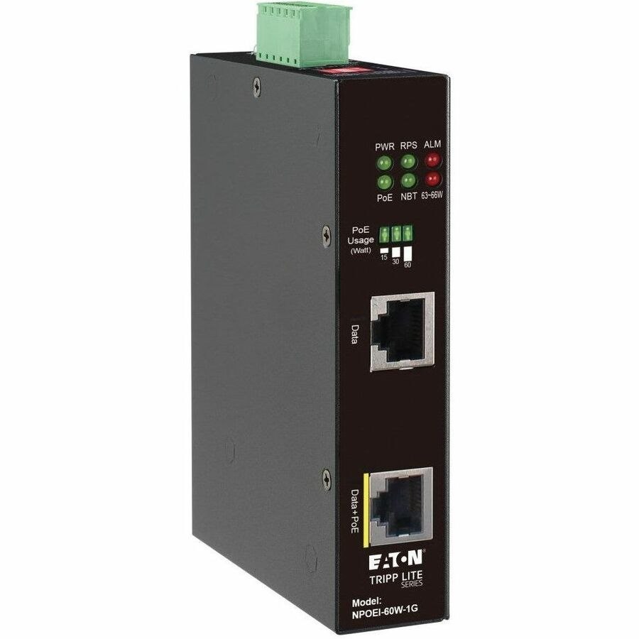 Eaton Tripp Lite Series Industrial Gigabit Ethernet PoE injector, 60W PoE++, 802.3bt, Midspan, -40? to +75?, IP30 housing, Dual 24-57VDC , DIN rail, 1 Port, TAA