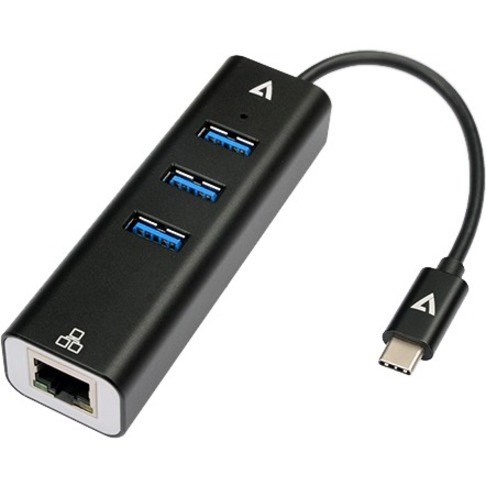 V7 Gigabit Ethernet Adapter USB-C Male to USB A Female x 3, RJ45 Black