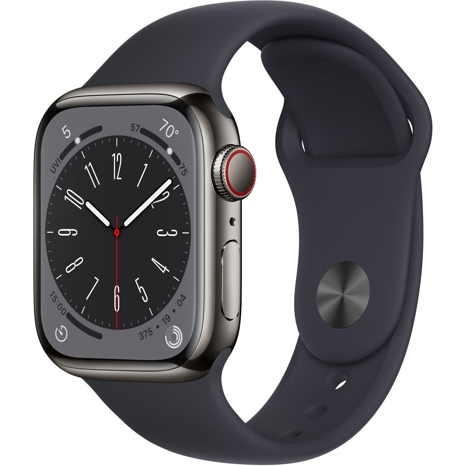 Apple Watch Series 8 Smart Watch - 41 mm Case Height - 35 mm Case Width - Graphite Case Color - Midnight Band Color - Stainless Steel Case Material - Fluoroelastomer Band Material - Wireless LAN - LTE, UMTS