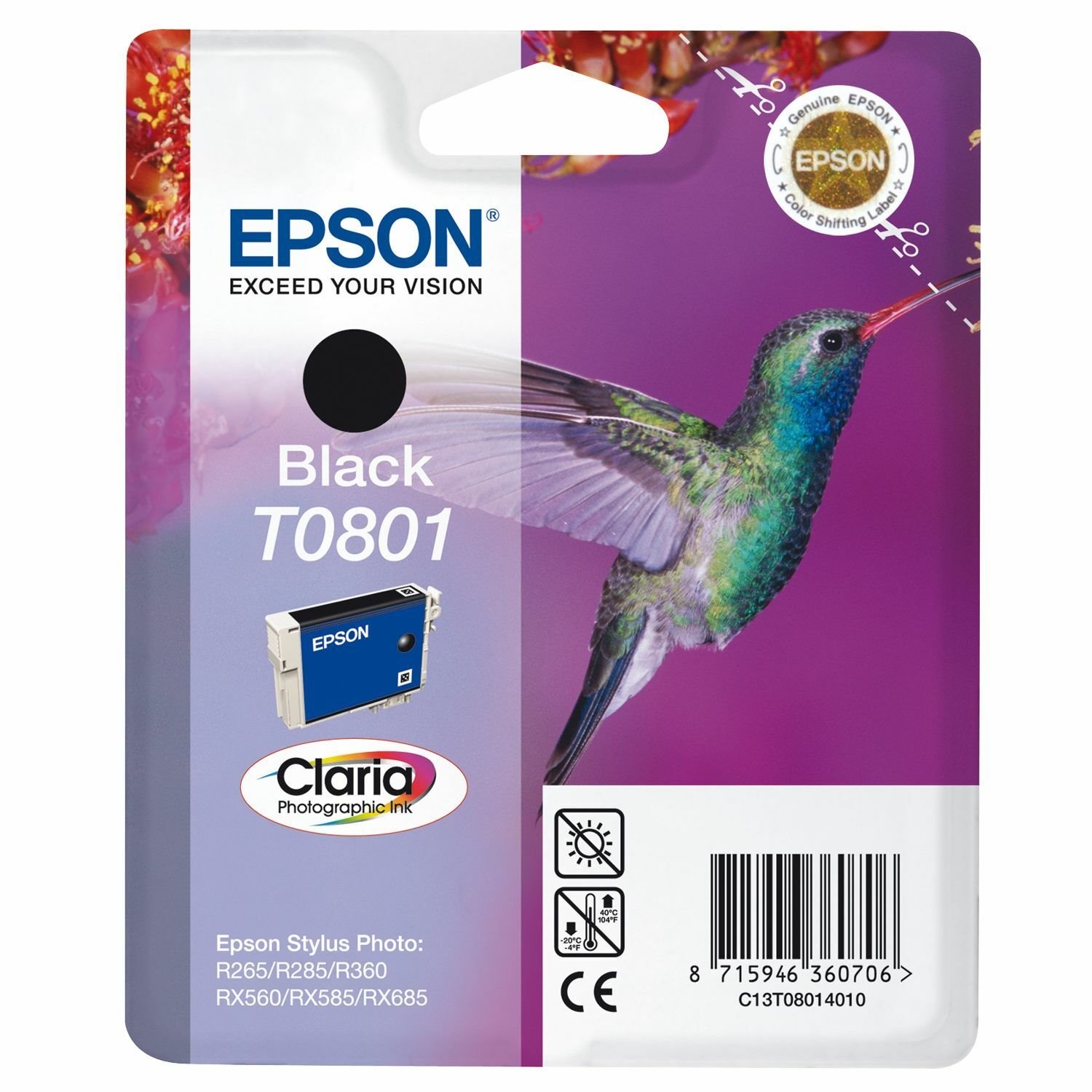 Epson Claria T0801 Original Inkjet Ink Cartridge - Black - 1 Pack