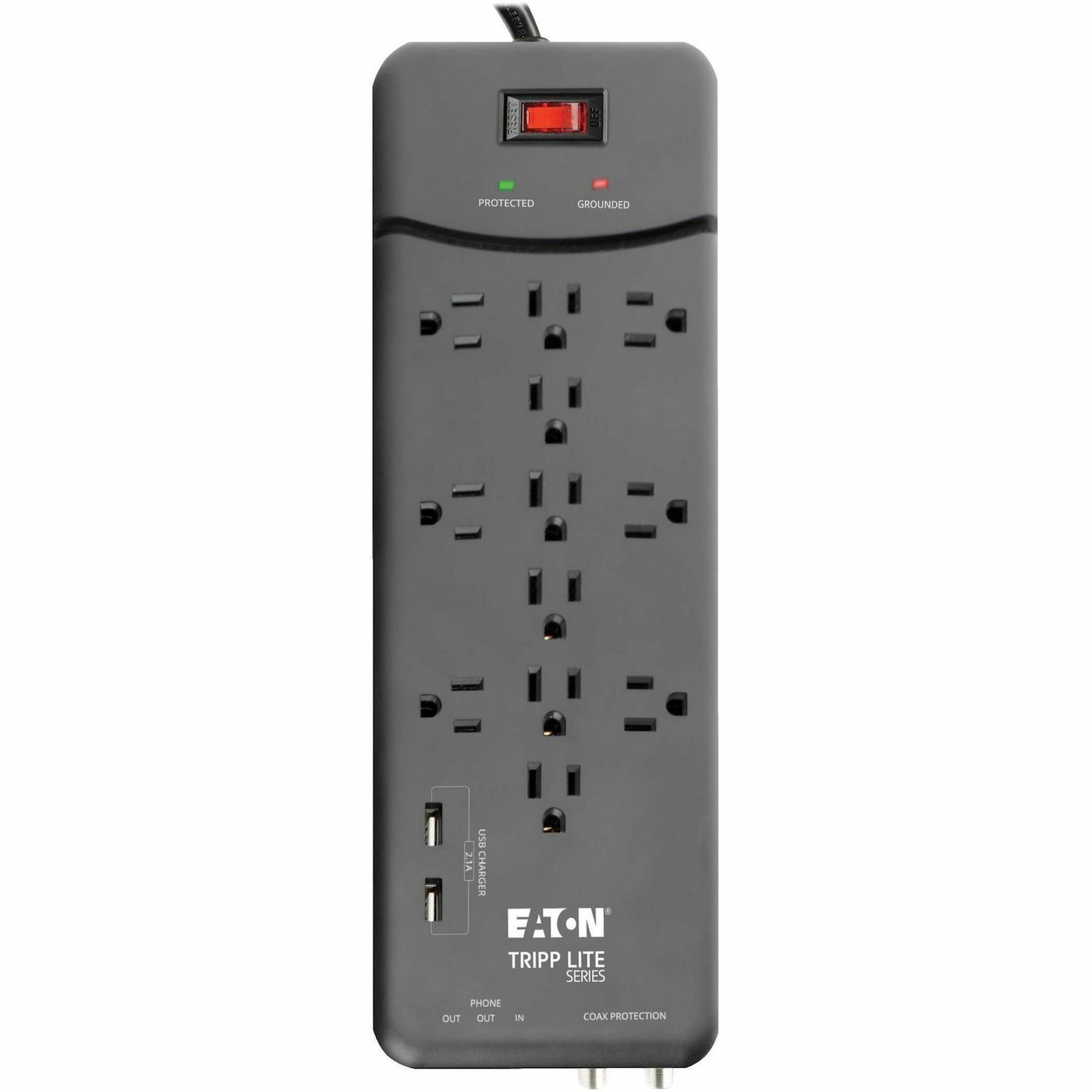 Eaton Tripp Lite Series Protect It! 12-Outlet Surge Protector, 8 ft. (2.43 m) Cord, 4320 Joules, Tel/Modem/Coax Protection, 2 USB Ports, Black