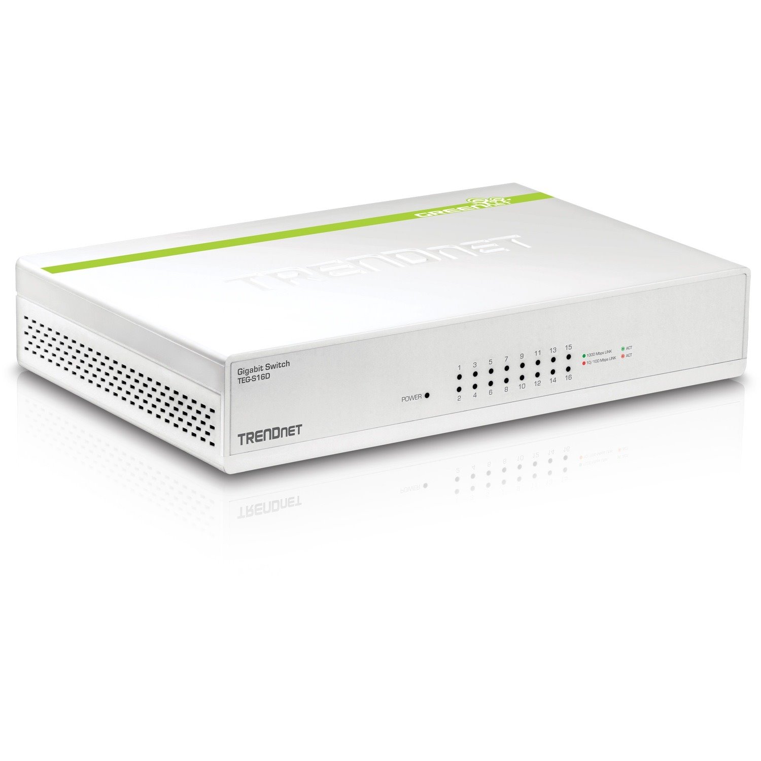 TRENDnet 16-Port Gigabit GREENnet Switch, Polycarbonate, QoS Prioritization, 32 Gbps Switching Fabric, Fanless, Plug and Play, Network Ethernet Switch, Jumbo Frame Support, White, TEG-S16D