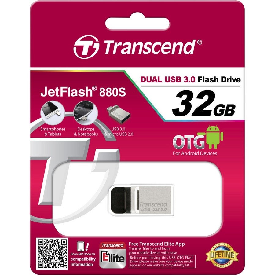 Transcend JetFlash 880 32 GB USB 3.0, Micro USB Flash Drive - Black, Silver - 256-bit AES