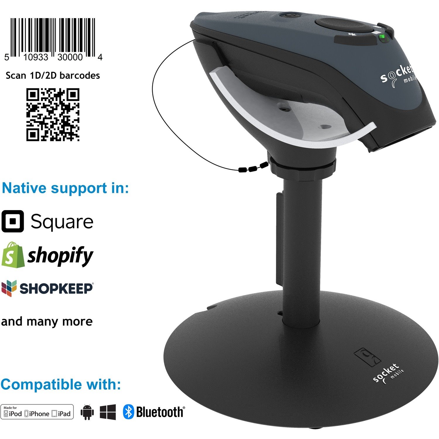 Socket Mobile DuraScan&reg; D750, Universal Plus Barcode Scanner, Gray & Charging Stand