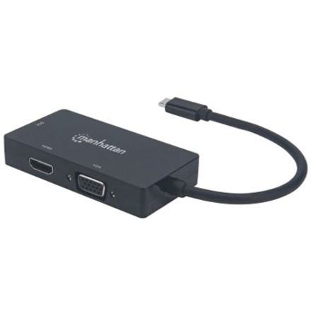 USB-C Dock/Hub, Ports (x3): DVI-I, HDMI and VGA Ports, Note: Only One Port can be used at a time, External Power Supply Not Needed, Cable 10cm, Black, Three Year Warranty, Blister