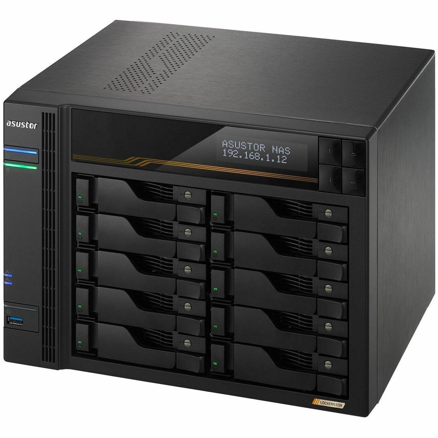 Asustor Lockerstor 10 Gen3 AS6810T 10 Bay NAS, AMD Ryzen Quad-Core 2.3 GHz, 16GB RAM ECC DDR5, 4 M.2 NVMe Slots, Dual 5GbE and Dual 10GbE Port, USB4 Type-C, Network Attached Storage (Diskless)