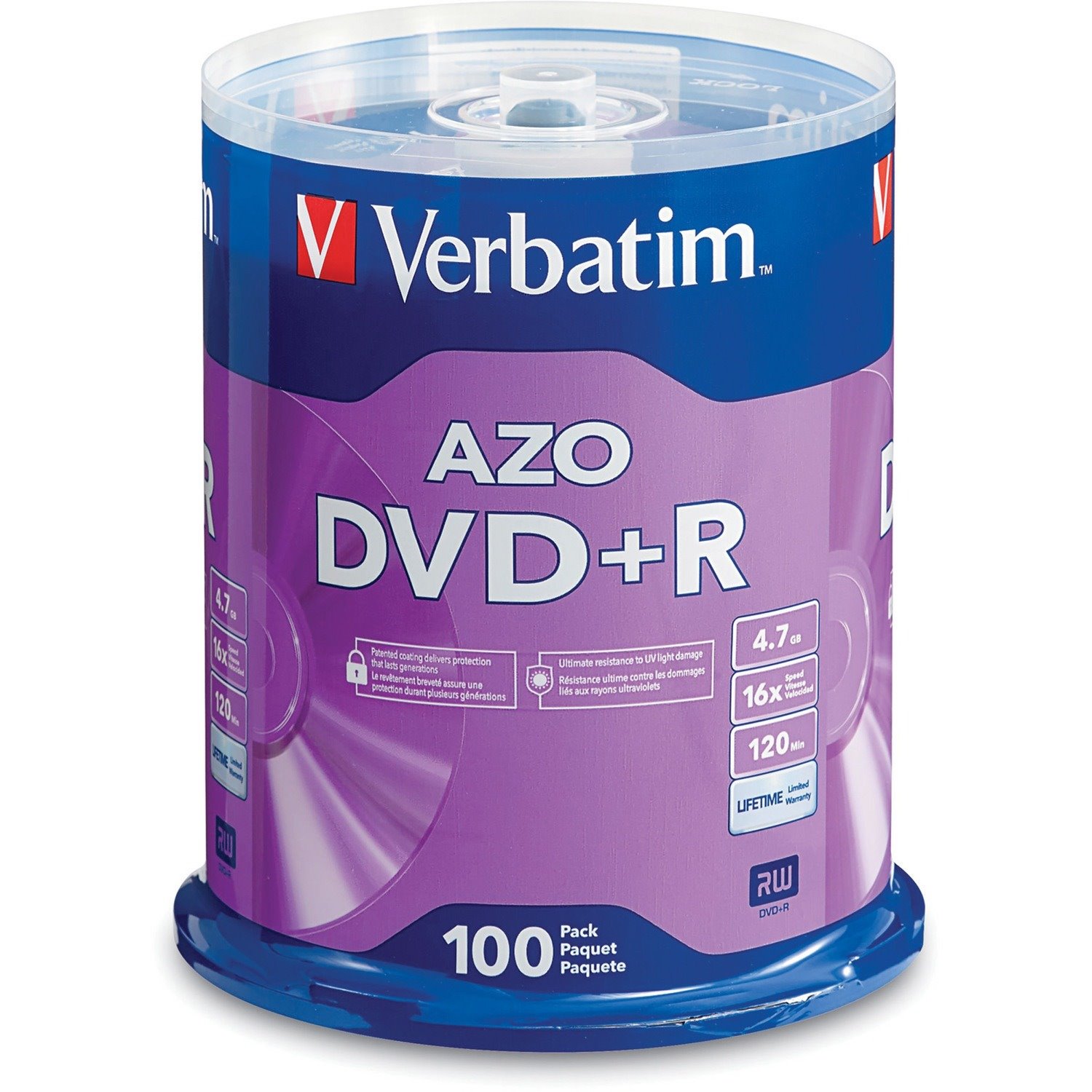 Verbatim 95098 DVD Recordable Media - DVD+R - 16x - 4.70 GB - 100 Pack Spindle - Silver