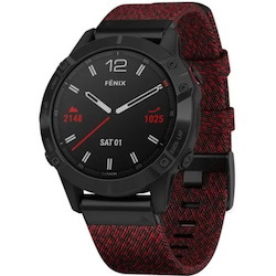 Garmin f&#275;nix 6 GPS Watch - Round Case Shape - 47 mm Case Height - 47 mm Case Width - Black Case Color - Heathered Red Band Color - Fiber Reinforced Polymer, Metal Case Material - Nylon Band Material - Wireless LAN