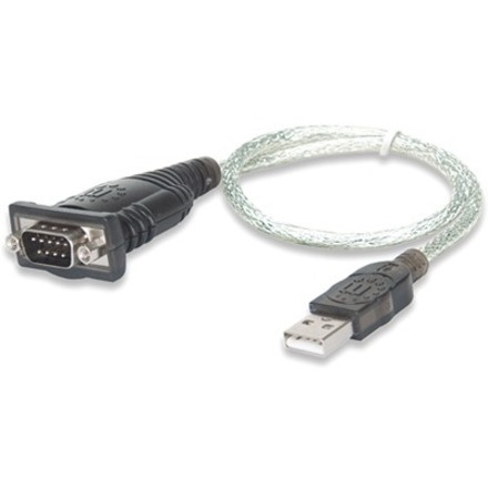 Manhattan USB-A to Serial Converter cable, 45cm, Male to Male, Serial/RS232/COM/DB9, Prolific PL-2303RA Chip, ICUSB232V2, Black/Silver cable, Three Year Warranty, Blister