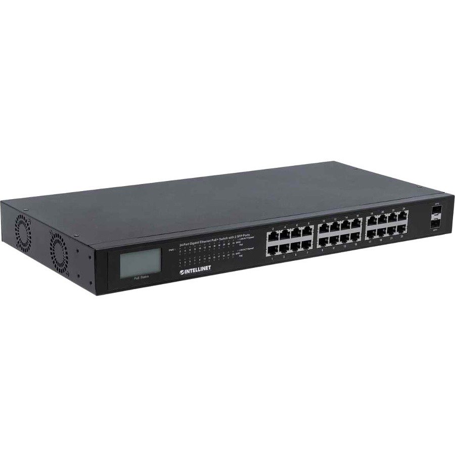 Intellinet 24-Port Gigabit Ethernet PoE+ Switch with 2 SFP Ports and LCD Screen