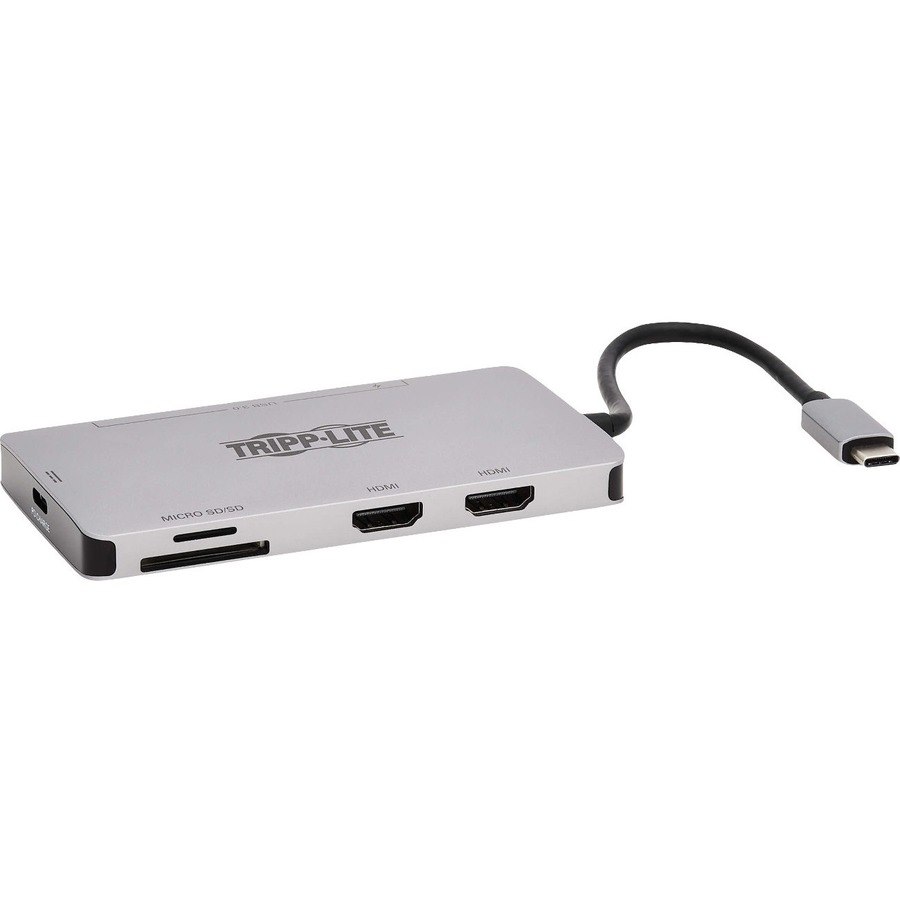 Tripp Lite by Eaton USB-C Dock, Dual Display - 4K 60 Hz HDMI, USB 3.x (5Gbps) Hub Ports, Memory Card, 100W PD Charging, Gray
