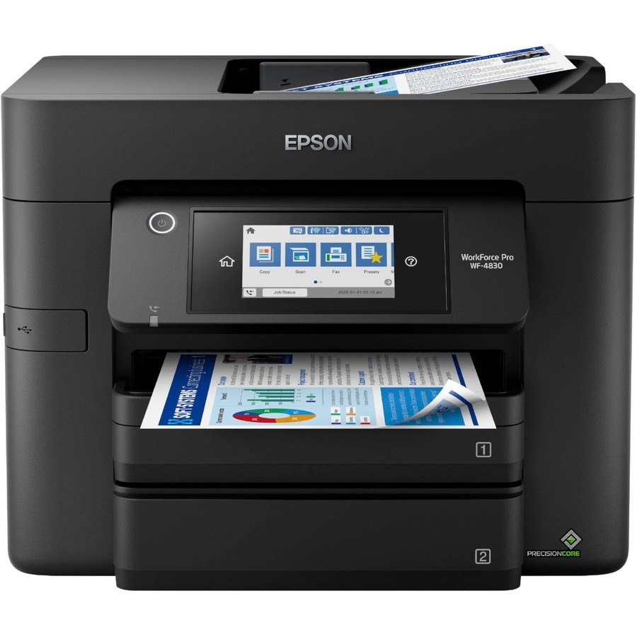 Epson WorkForce Pro WF-4830 Inkjet Multifunction Printer-Color-Copier/Fax/Scanner-4800x2400 dpi Print-Automatic Duplex Print-33000 Pages-500 sheets Input-1200 dpi Optical Scan-Color Fax-Wireless LAN-Epson Connect-Android Printing-Mopria