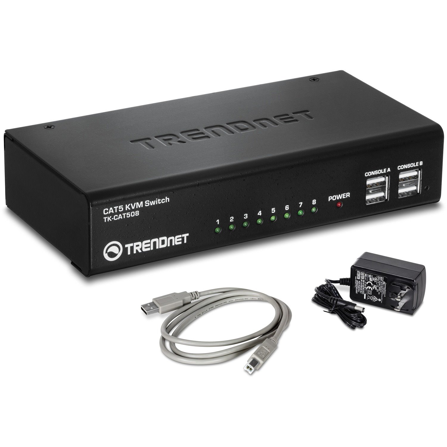 TRENDnet 8-Port CAT5 KVM Switch, CAT5 Cables up to 30m, USB, PS/2, Hot-Keys, VGA, Dual Console, TK-CAT508