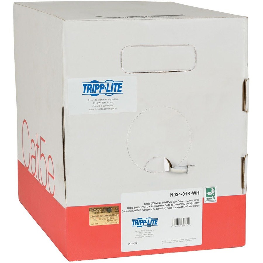 Eaton Tripp Lite Series Cat5e 350 MHz Solid Core Plenum-Rated (UTP) PVC Bulk Ethernet Cable - White, 1000 ft. (304.8 m)