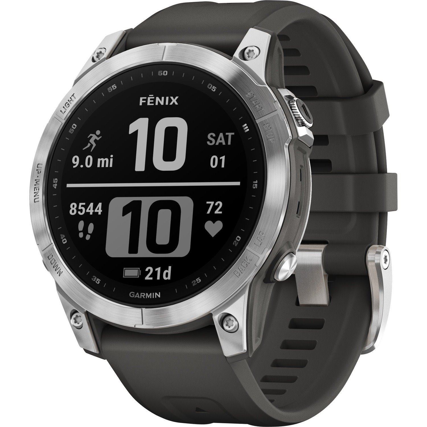 Garmin f&#275;nix 7 Smart Watch - Silver Case Color - Graphite Band Color - Fiber Reinforced Polymer, Stainless Steel, Metal Case Material - Silicone Band Material - Wireless LAN