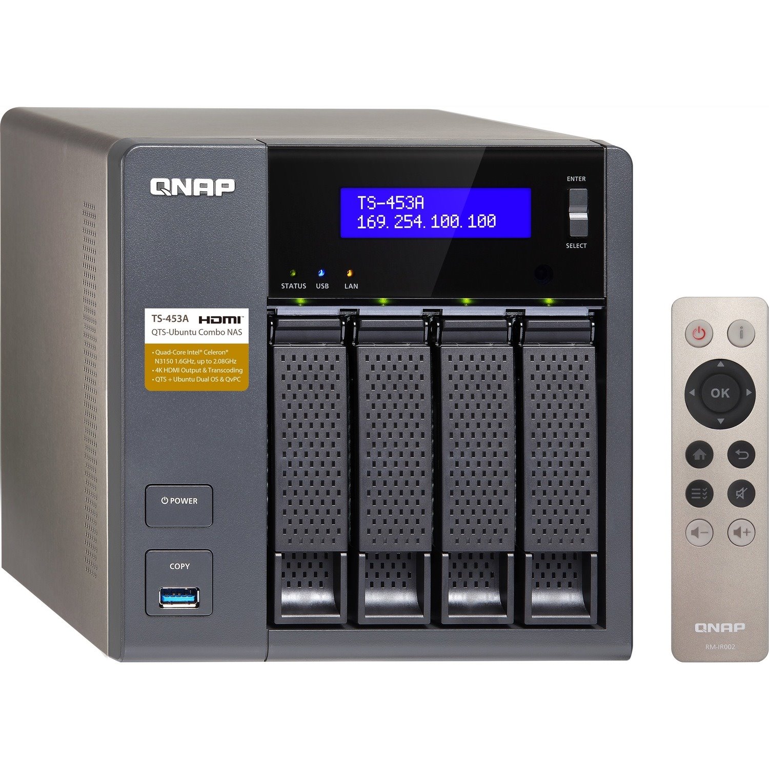 QNAP Turbo NAS TS-453A 4 x Total Bays SAN/NAS Storage System - 12 TB HDD - 512 MB Flash Memory Capacity - Intel Celeron N3150 Quad-core (4 Core) 1.60 GHz - 4 GB RAM - DDR3L SDRAM Tower