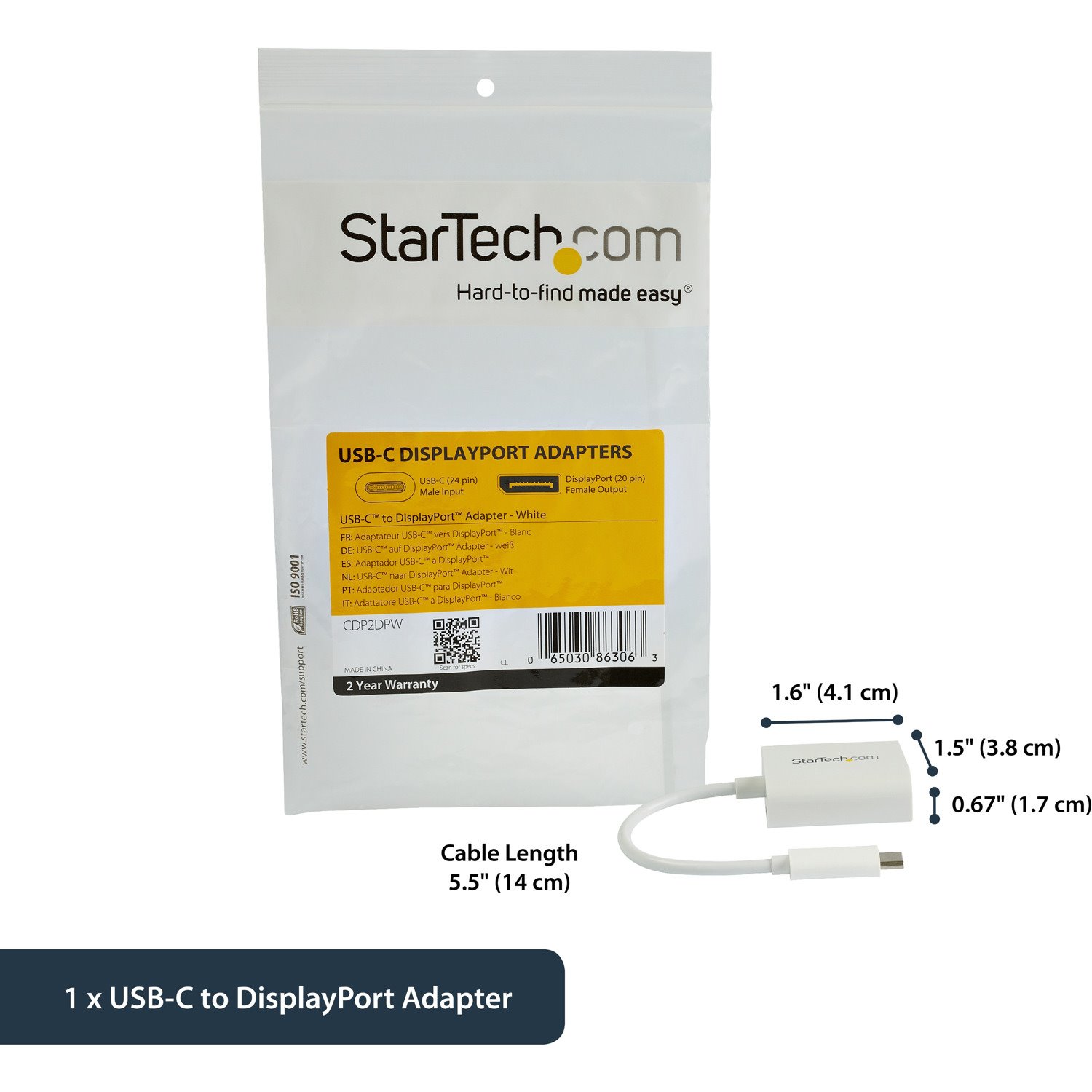 StarTech.com USB C to DisplayPort Adapter 4K 60Hz - USB Type-C to DP 1.4 Monitor Video Converter (DP Alt Mode) - TB3 Compatible - White