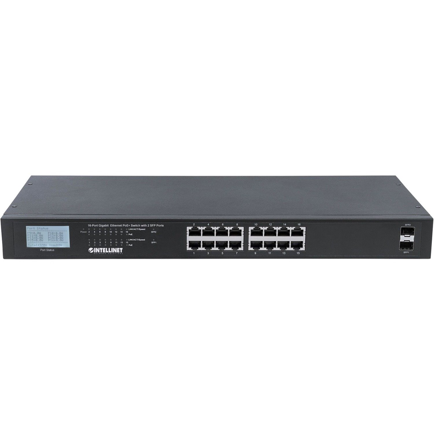 Intellinet 16-Port Gigabit Ethernet PoE+ Switch with 2 SFP Ports, LCD Display, IEEE 802.3at/af Power over Ethernet (PoE+/PoE) Compliant, 370 W, Endspan, 19" Rackmount (With C14 2 Pin Euro Power Cord)