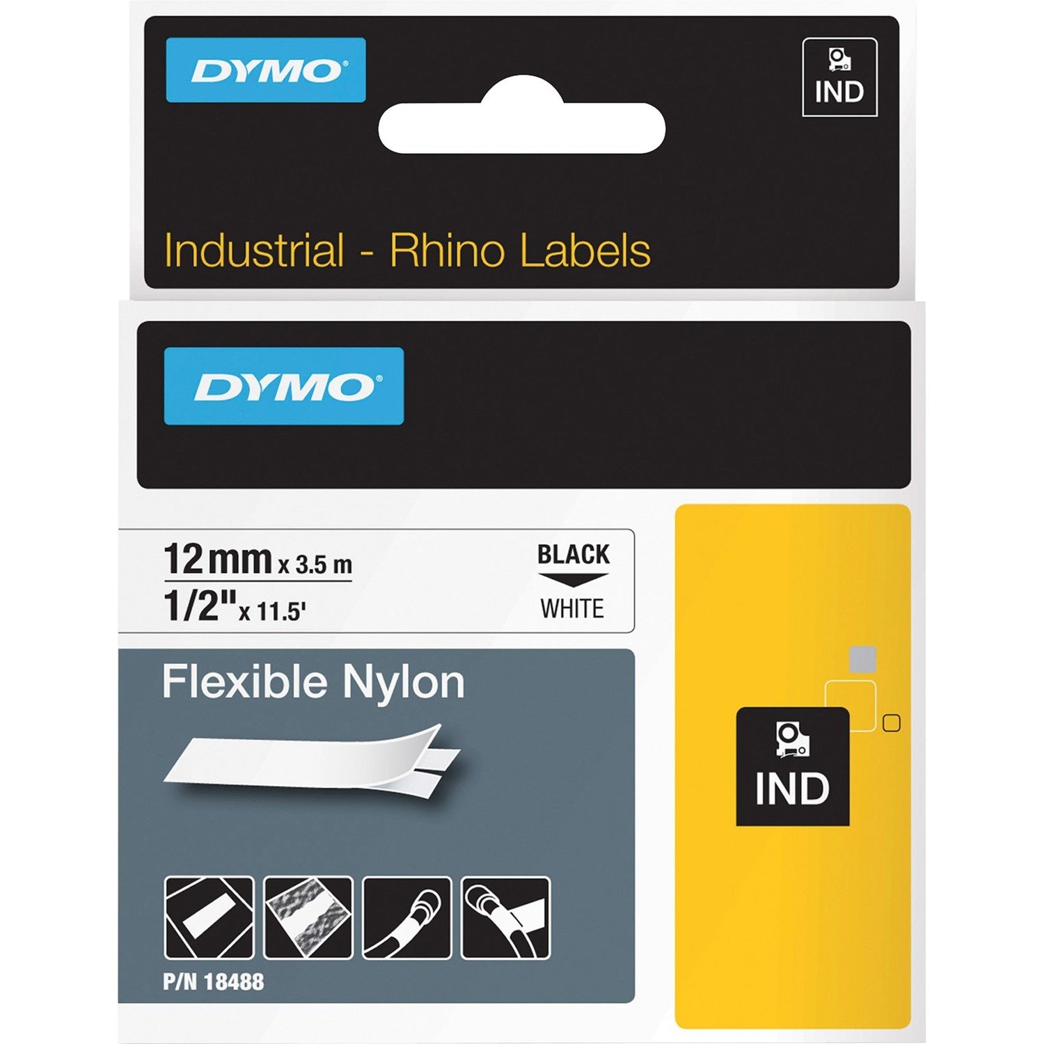 Dymo Rhino 1/2In X 11.5FT, White Flexible Nylon Labels