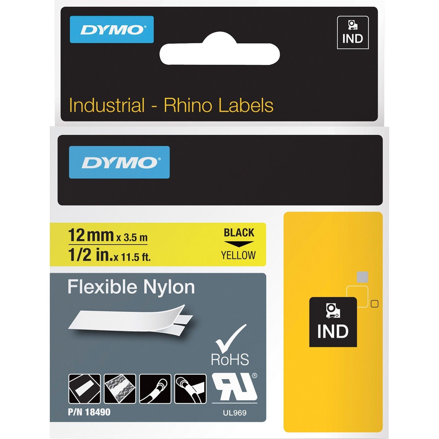 Dymo Rhino 1/2In X 11.5FT, Yellow Flexible Nylon Labels