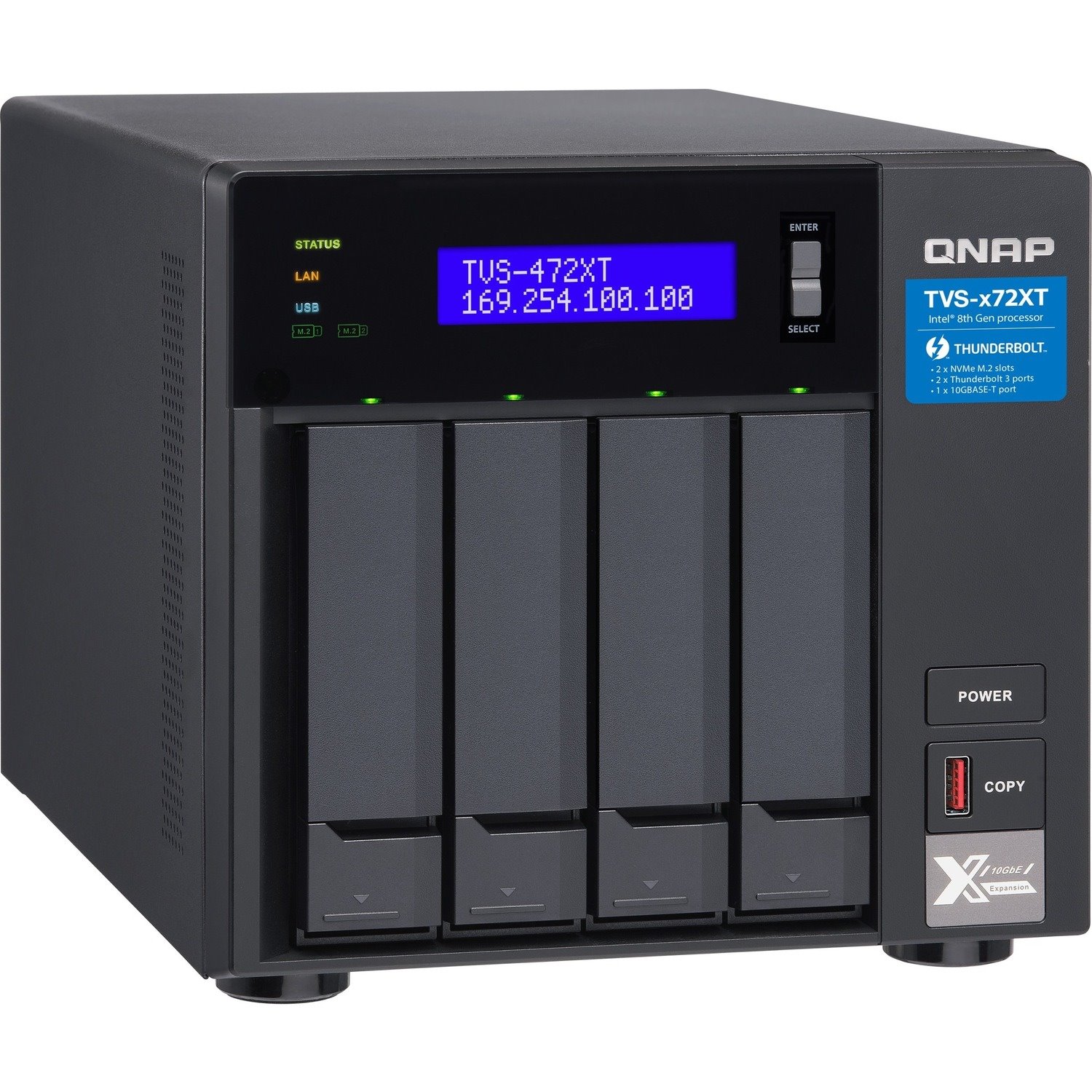 QNAP TVS-472XT-i3-4G 4 x Total Bays SAN/NAS/DAS Storage System - 5 GB Flash Memory Capacity - Intel Core i3 - 4 GB RAM - DDR4 SDRAM Tower