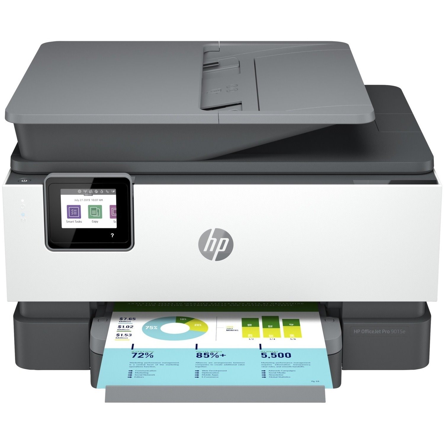 HP Officejet Pro 9015e Inkjet Multifunction Printer-Color-Copier/Fax/Scanner-32 ppm Mono/32 ppm Color Print-4800x1200 dpi Print-Automatic Duplex Print-25000 Pages-250 sheets Input-Color Flatbed Scanner-1200 dpi Optical Scan-Color Fax-Wireless LAN