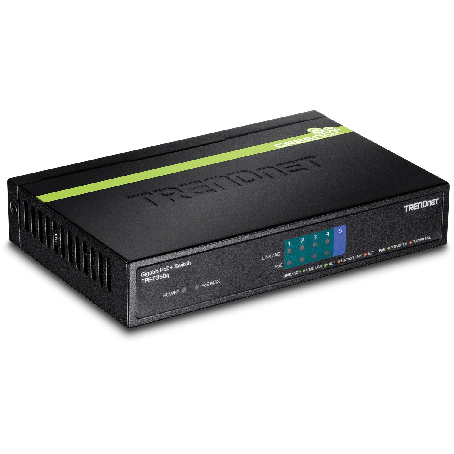 TRENDnet 5-Port Gigabit PoE+ Switch, 31 W PoE Budget, 10 Gbps Switching Capacity, Data & Power Through Ethernet To PoE Access Points And IP Cameras, Full & Half Duplex, Black, TPE-TG50g