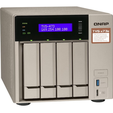 QNAP TVS-473e 4 x Total Bays SAN/NAS Storage System - 512 MB Flash Memory Capacity - AMD R-Series RX-421BD Quad-core (4 Core) 2.10 GHz - 4 GB RAM - DDR4 SDRAM Tower