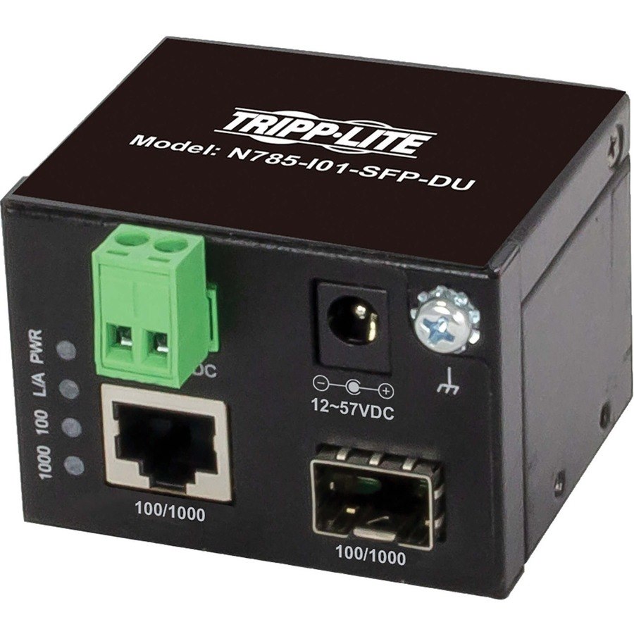 Tripp Lite by Eaton Unmanaged Industrial Gigabit Fiber to Ethernet Media Converter, 10/100/1000 Mbps, RJ45/SFP, -40&deg; to 75&deg;C, DC Power, TAA