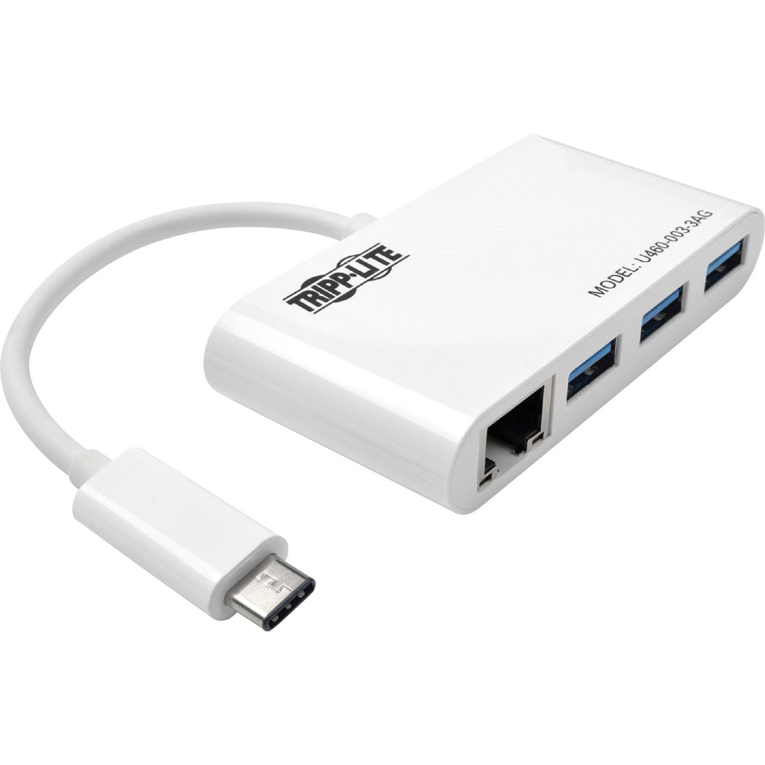 Eaton Tripp Lite Series 3-Port USB 3.x (5Gbps) Hub with LAN Port, USB-C to 3x USB-A Ports and Gigabit Ethernet, White