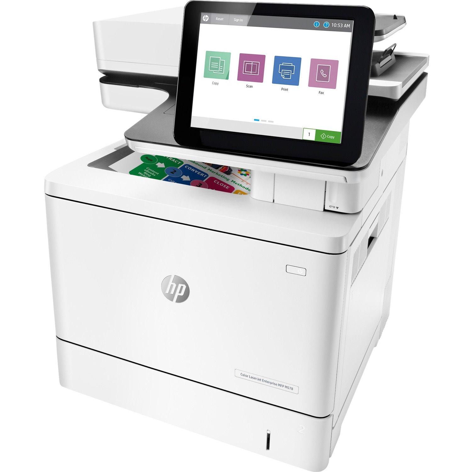 HP LaserJet M578 M578f Laser Multifunction Printer-Color-Copier/Fax/Scanner-40 ppm Mono/Color Print-1200x1200 Print-Automatic Duplex Print-80000 Pages Monthly-650 sheets Input-Color Scanner-600 Optical Scan-Color Fax-Gigabit Ethernet