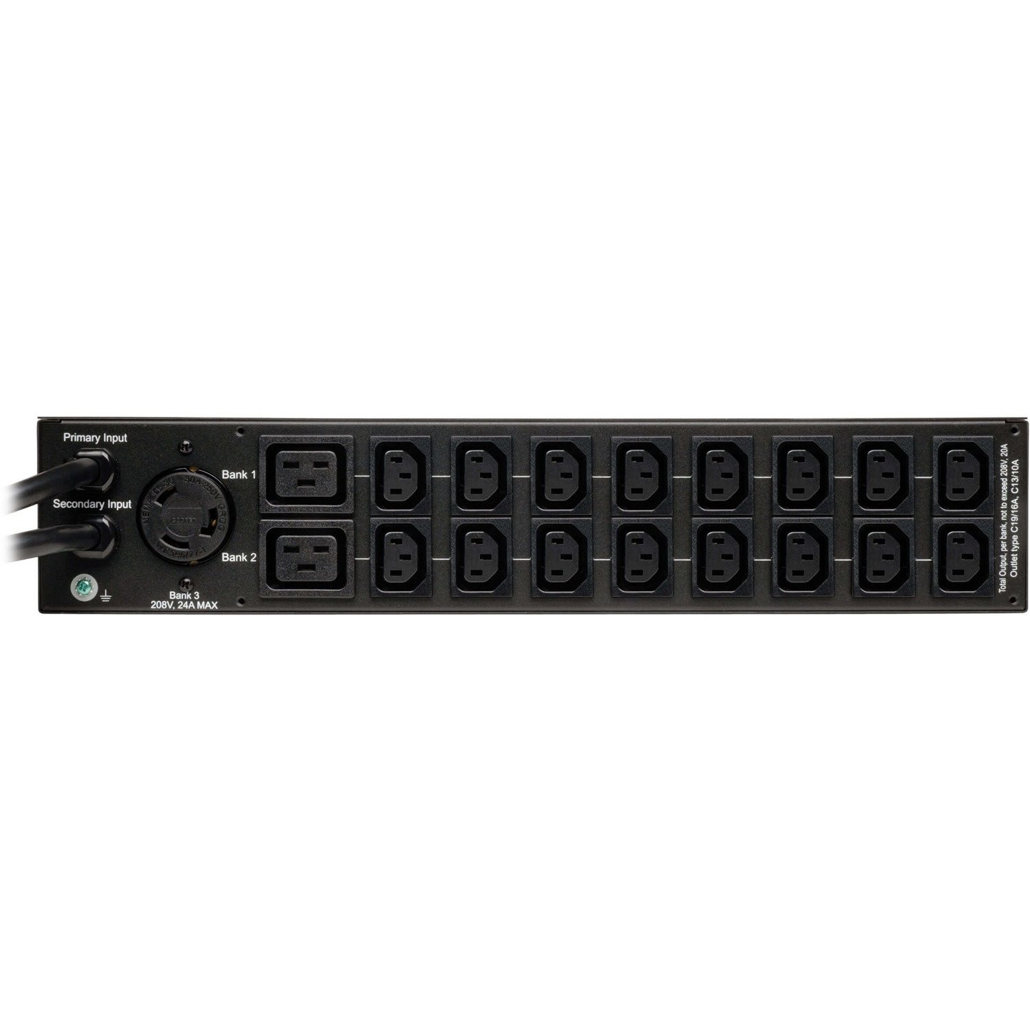 Tripp Lite by Eaton 5.8kW Single-Phase Local Metered Automatic Transfer Switch PDU, Two 200-240V L6-30P Inputs, 16-C13 2-C19 & 1 L6-30R Outlet, 2U, TAA