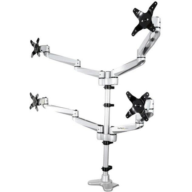 Desk Mount Quad Monitor Arm - 4 VESA Displays up to 30" -Premium Ergonomic Articulating Adjustable Pole Mount - Clamp/Gromme