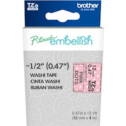 Brother P-touch Embellish Black on Pink Dots Washi Tape 12mm (~1/2") x 4m