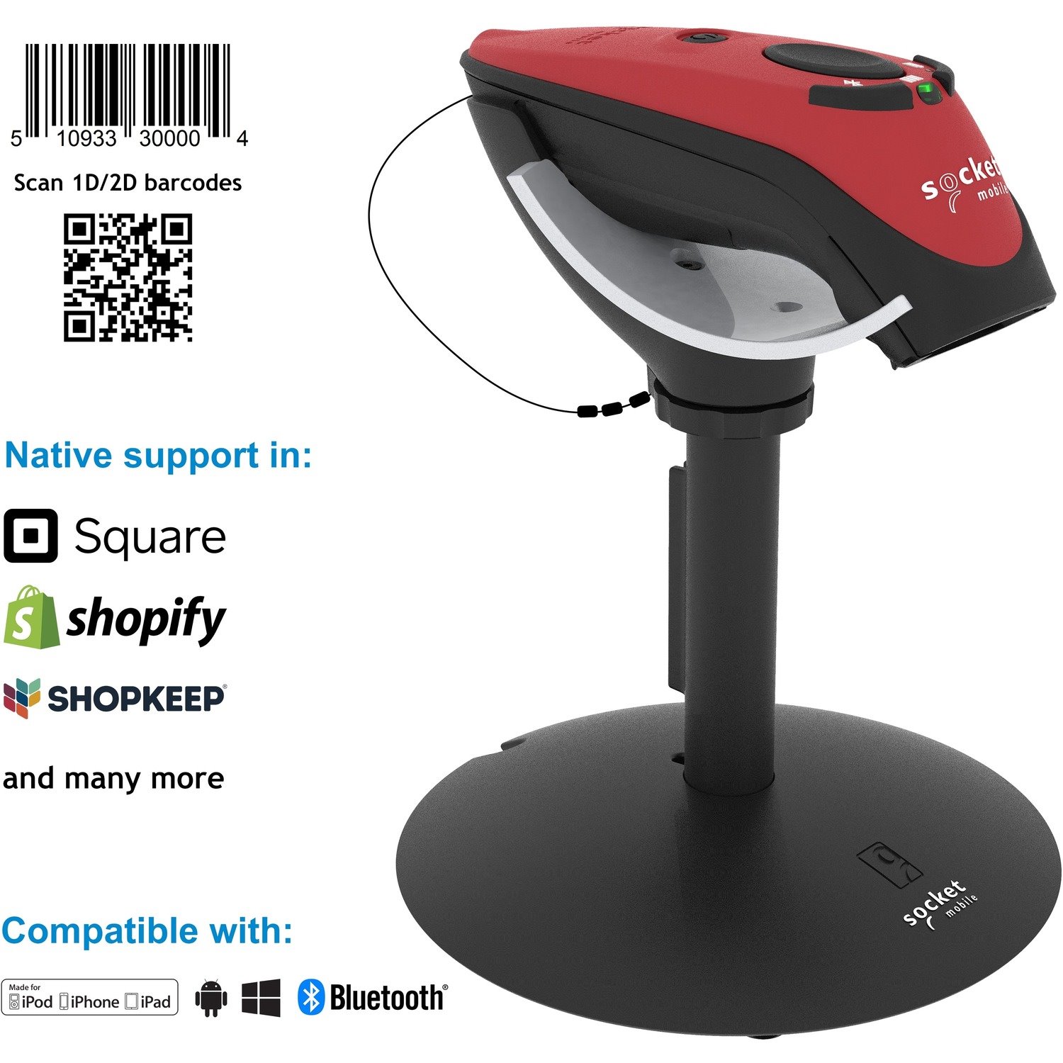 Socket Mobile DuraScan D740 Handheld Barcode Scanner - Wireless Connectivity - Red
