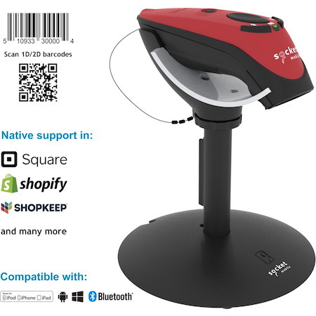Socket Mobile DuraScan&reg; D740, Universal Barcode Scanner, Red & Charging Stand