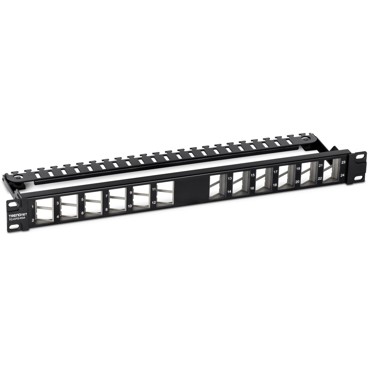 TRENDnet 24-Port Blank Angled Keystone Shielded 1U Patch Panel, TC-KP24SA, STP, Cat6A, Cat5, Cat5e, Cat6, 19" Rackmount Design, Black