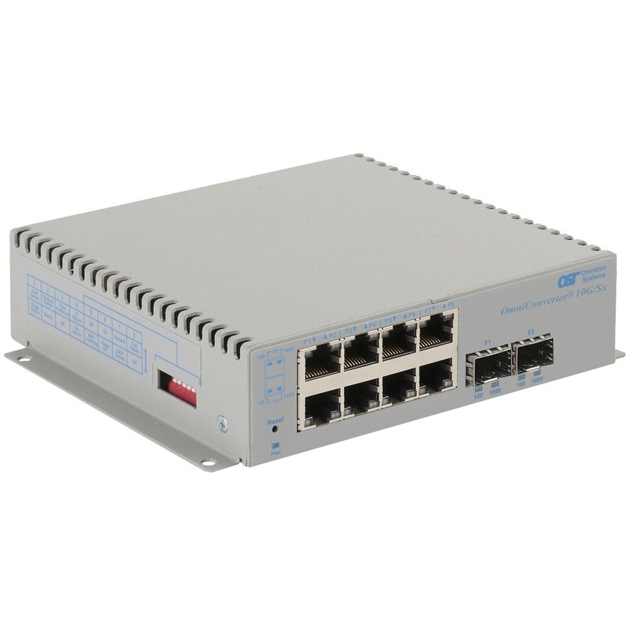 Omnitron Systems OmniConverter 10G/Sx, 2xSFP/SFP+, 8xRJ-45, 1xAC Powered Commercial Temp