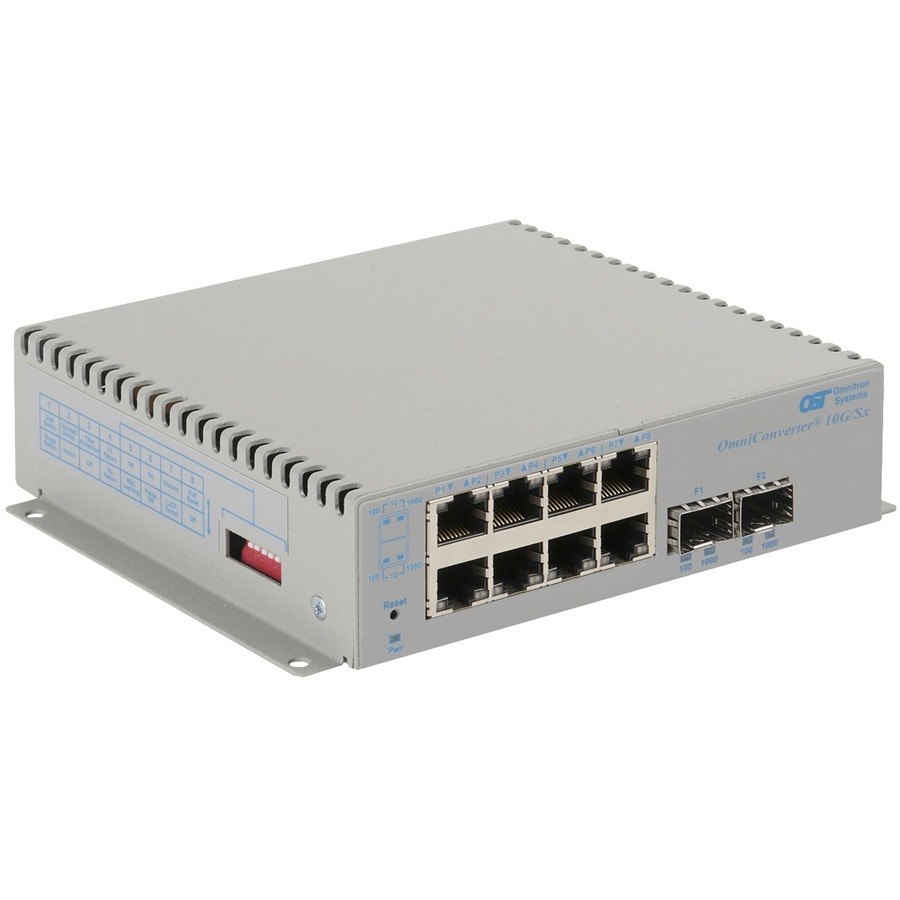 Omnitron Systems OmniConverter 10G/Sx, 2xSFP/SFP+, 8xRJ-45, 1xAC Powered Extended Temp