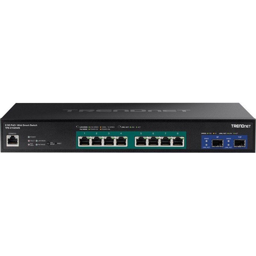 TRENDnet 10-Port Multi-Gig Web Smart PoE+ Switch, 8 x 2.5GBASE-T PoE+ Ports, 2 x 10G SFP+ Slots, Metal Housing, Managed Network Ethernet Switch, Lifetime Protection, Black, TPE-3102WS