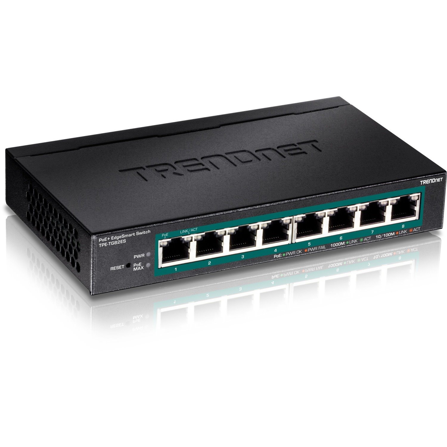 TRENDnet 8-Port Gigabit EdgeSmart PoE+ Switch, 8 x Gigabit PoE+ Ports, 64W PoE Power Budget, Managed PoE+ Switch, Wall Mountable, Desktop Ethernet Switch, Lifetime Protection, Black, TPE-TG82ES