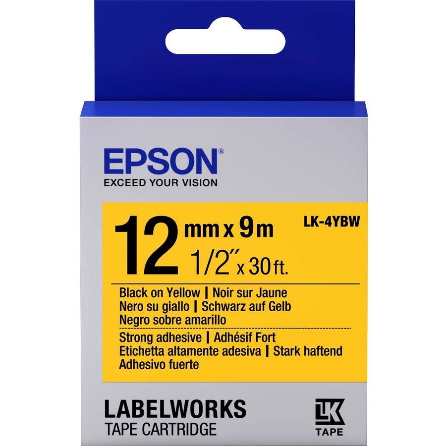 Epson LabelWorks Strong Adhesive LK Tape Cartridge ~1/2" Black on Yellow