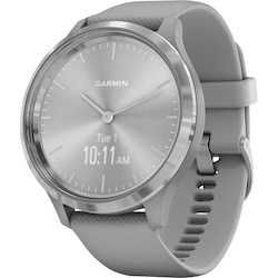 Garmin v&iacute;vomove 3 GPS Watch - Round Case Shape - 44 mm Case Width - Silver Stainless Steel Body Color - Powder Gray Case Color - Stainless Steel Body Material - Fiber Reinforced Polymer Case Material - Silicone Band Material