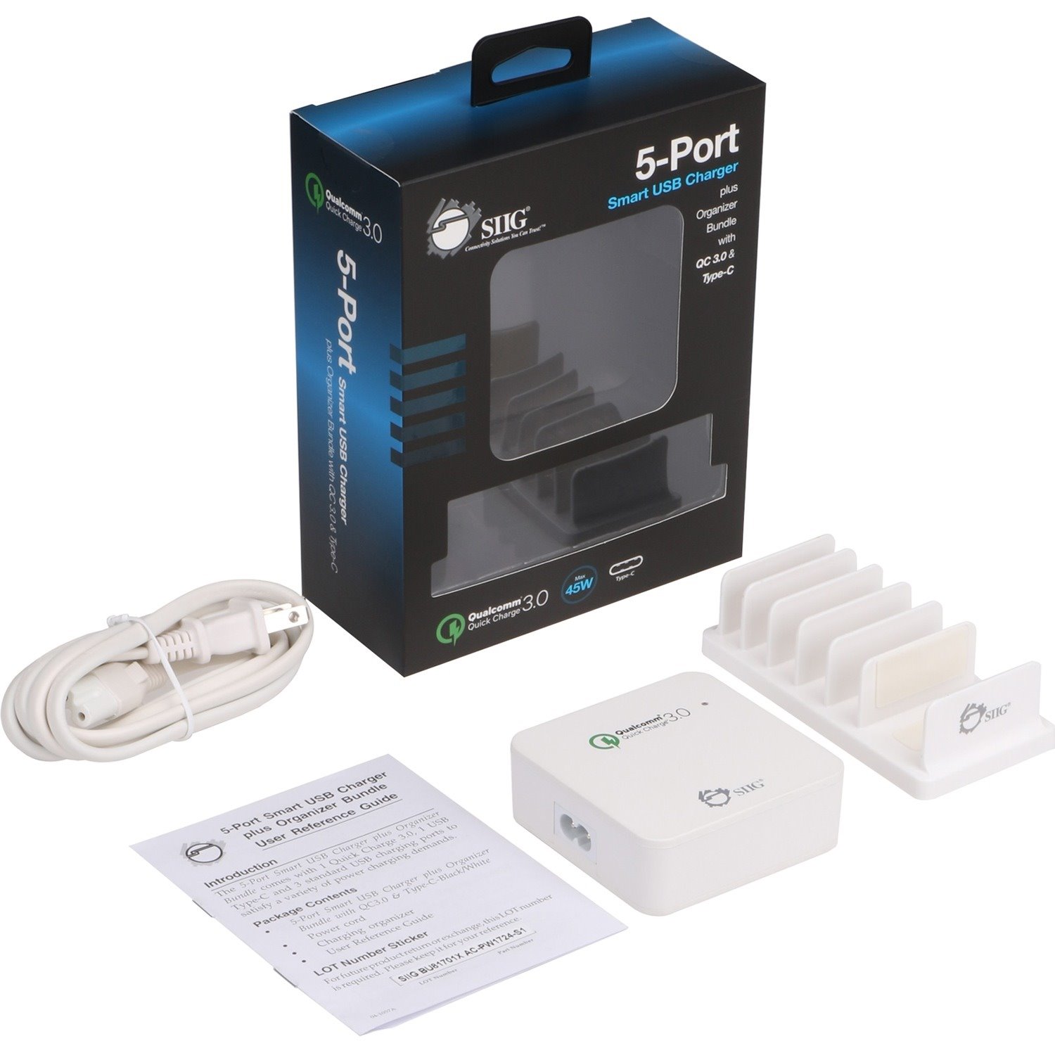 SIIG 5-Port Smart USB Charger plus Organizer Bundle with QC3.0 & Type-C - White