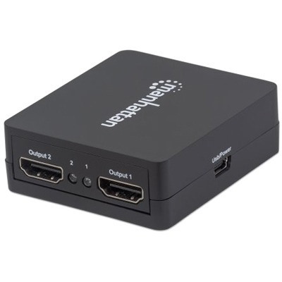 Manhattan HDMI Splitter 2-Port , 1080p, Black, Displays output from x1 HDMI source to x2 HD displays (same output to both displays), USB-A Powered (cable included, 0.7m), Three Year Warranty, Retail Box